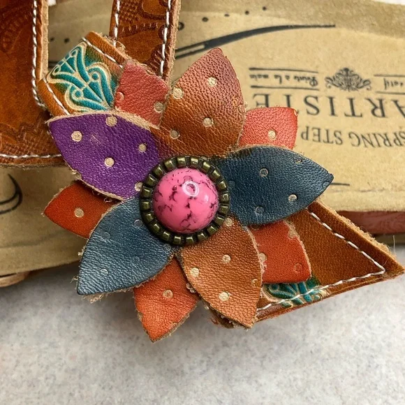 Spring Step L’Artiste Mabel Sandal 38 Camel Floral Pink Stone - Picture 7 of 11